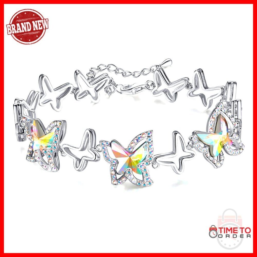 Silver Tone Butterfly Link Charm Bracelet with Birthstone Crystal 7+2 Inch